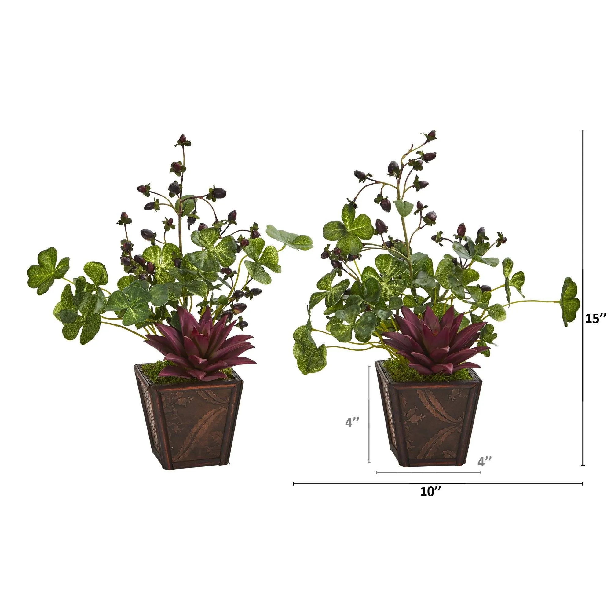 15” Succulent, Clover and Coffee Leaf Artificial Plant in Decorative Planter (Set of 2)