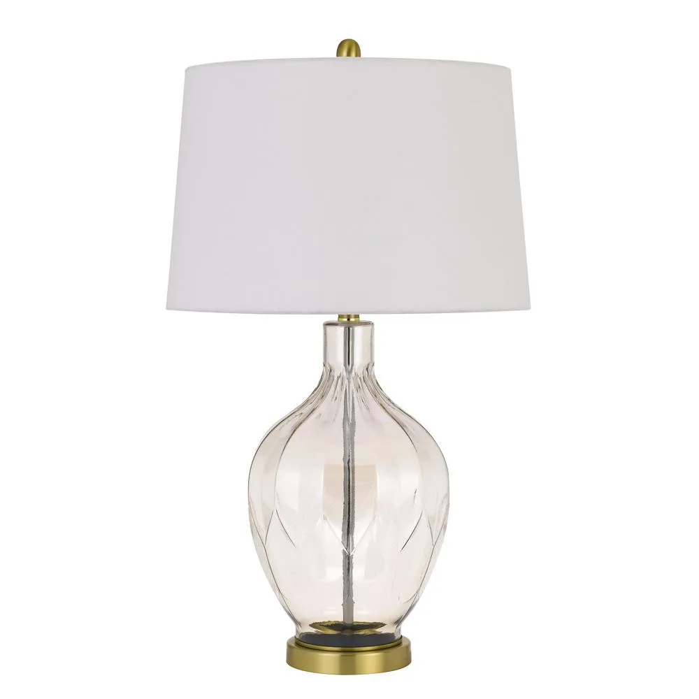 150W 3 Way Bancroft Glass Table Lamp With Hardback Taper Drum Fabric Shade, Clear/Antique Brass By Cal Lighting