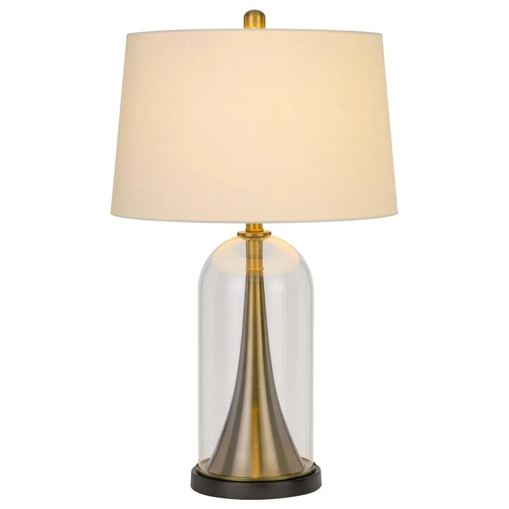 150W 3 Way Camargo Glass/Metal Table Lamp With Hardback Taper Drum Fabric Shade, Glass/Antique Brass By Cal Lighting