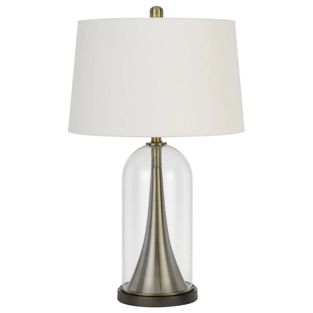 150W 3 Way Camargo Glass/Metal Table Lamp With Hardback Taper Drum Fabric Shade, Glass/Antique Brass By Cal Lighting