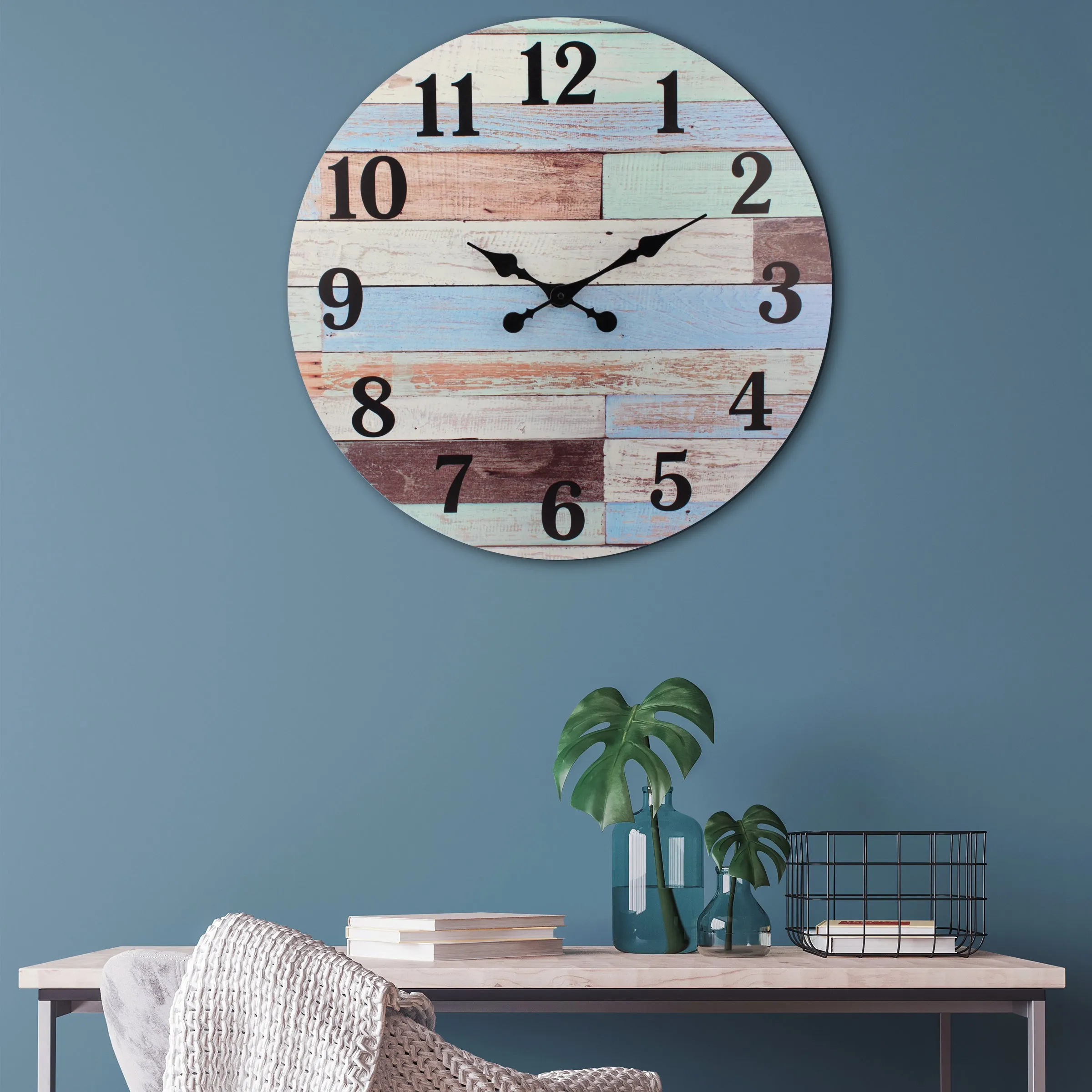 23.6” Coastal Worn Blue and White MDF Wall Clock