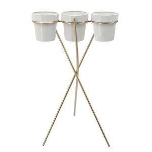 3-Cup Metal Planter On Gold Stand, White