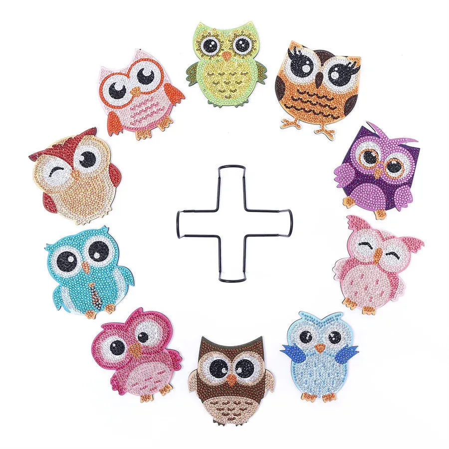 5D Diamond Art Coasters With Holder, 10 Piece Set, Adorable Owl Table Decorations