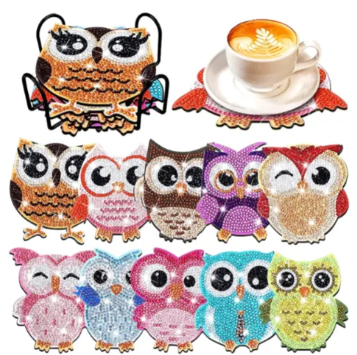 5D Diamond Art Coasters With Holder, 10 Piece Set, Adorable Owl Table Decorations