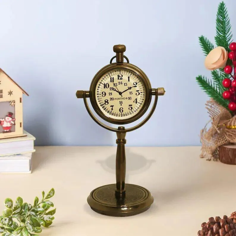 Antique Brass Desk Clock - Vintage Tabletop Gift with Quartz Movement