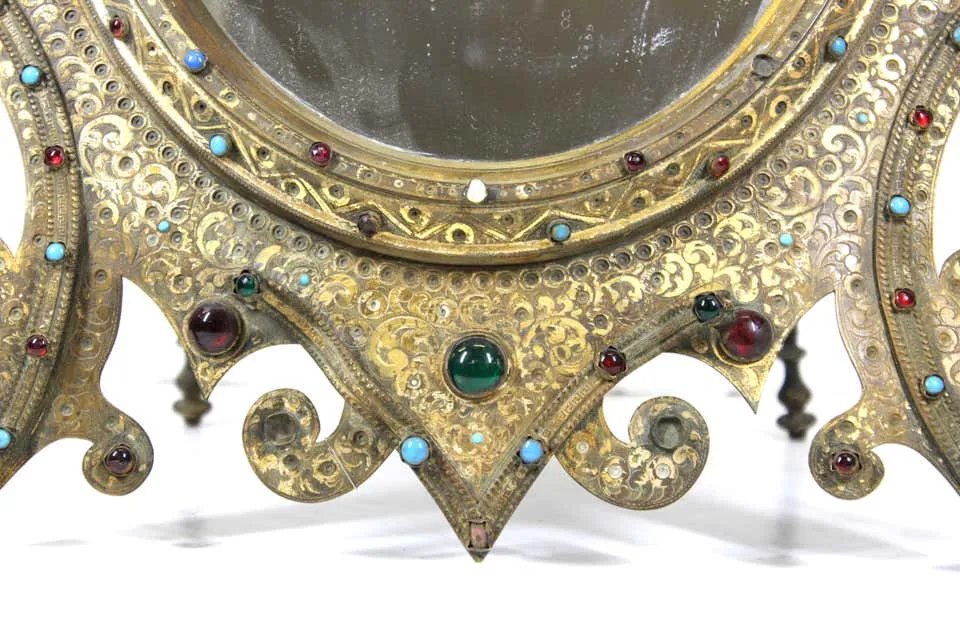 Austrian Moorish Revival Gilded Bronze Enameled and Bejeweled Oval Table Mirror