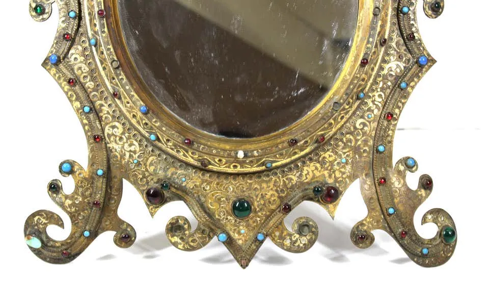 Austrian Moorish Revival Gilded Bronze Enameled and Bejeweled Oval Table Mirror