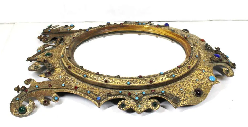 Austrian Moorish Revival Gilded Bronze Enameled and Bejeweled Oval Table Mirror