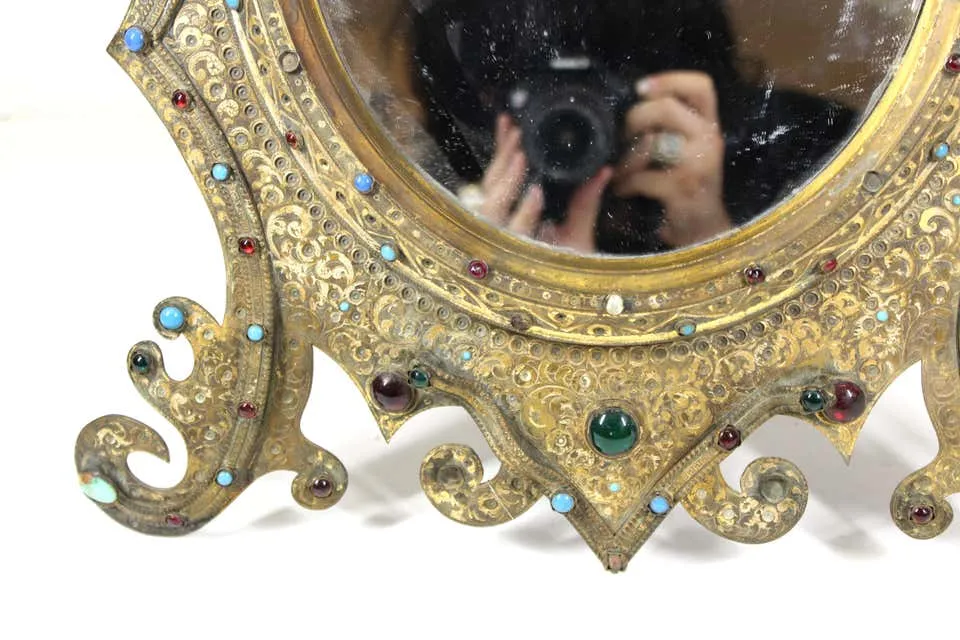 Austrian Moorish Revival Gilded Bronze Enameled and Bejeweled Oval Table Mirror