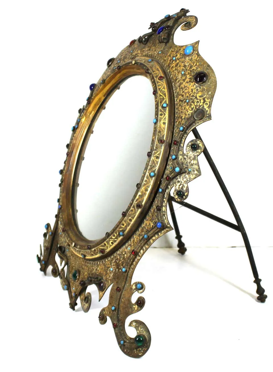 Austrian Moorish Revival Gilded Bronze Enameled and Bejeweled Oval Table Mirror