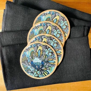 Azure Proteas Australian Wooden Coaster & Napkin Set