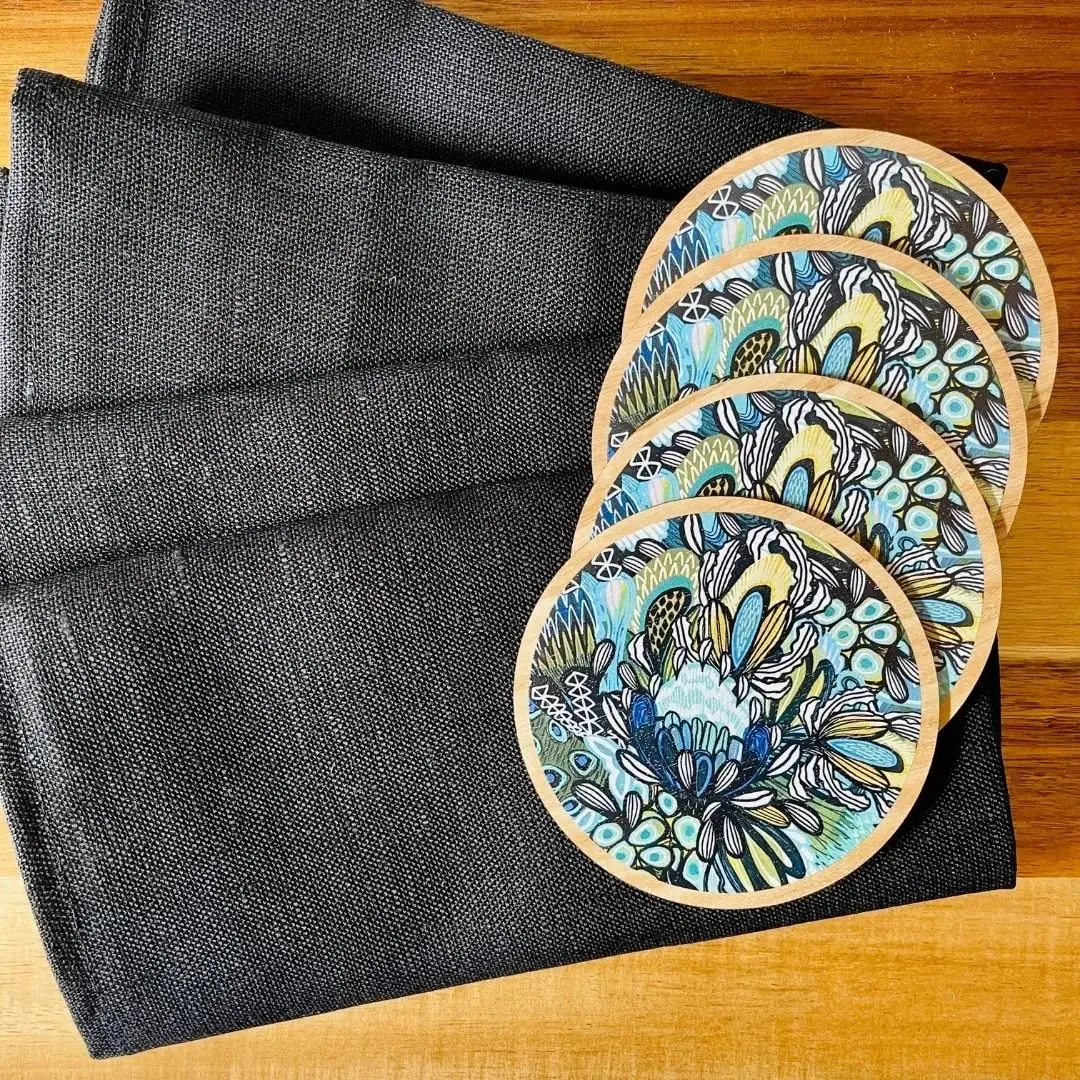 Azure Proteas Australian Wooden Coaster & Napkin Set