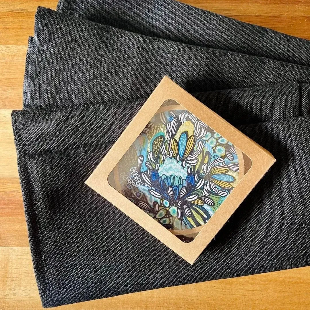 Azure Proteas Australian Wooden Coaster & Napkin Set