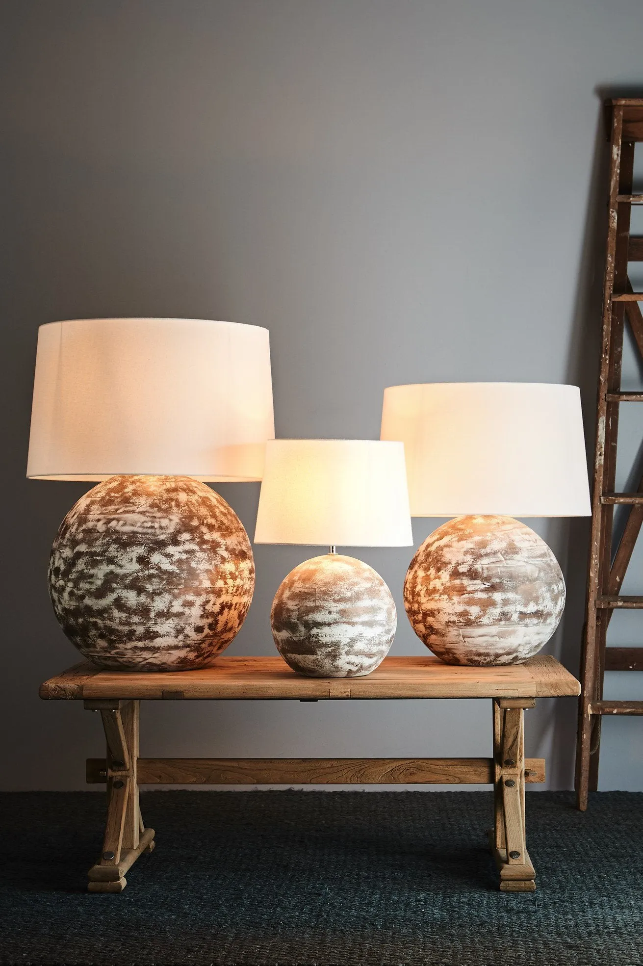 Boule Small - Distressed White - Turned Wood Ball Table Lamp