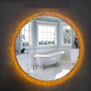 BRANCO Luxury Crystal Round Decorative Designer Mirror Frame with LED Light for Wall Hanging Bathroom Mirror Makeup Mirror Living Room (Large, Silver 24 X 24 Inch) Bathroom for Mirror