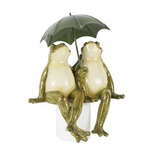 Bronze Resin Frog Sitting Sculpture with Umbrella  - 8" X 6" X 11"