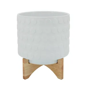 Ceramic 11" Planter On Wooden Stand, White