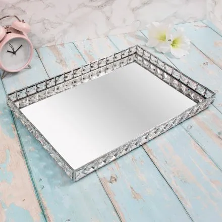 Chic Mirrored Rectangular Crystal Edged Tray