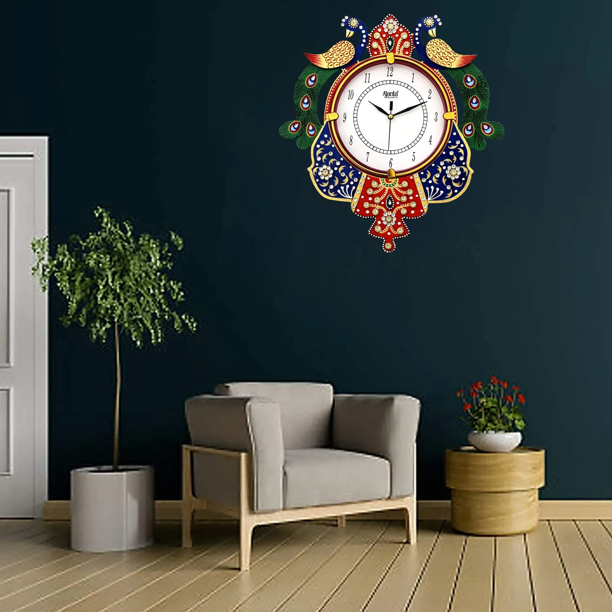 CIRCADIAN Ajanta Wooden Analog Wall Clock Design for Home Hall Living Room Decor Office Kids Bedroom Stylish Ethnic Antique Decorative Multi Colour Peacock 36 x 33 cm Pack of 1