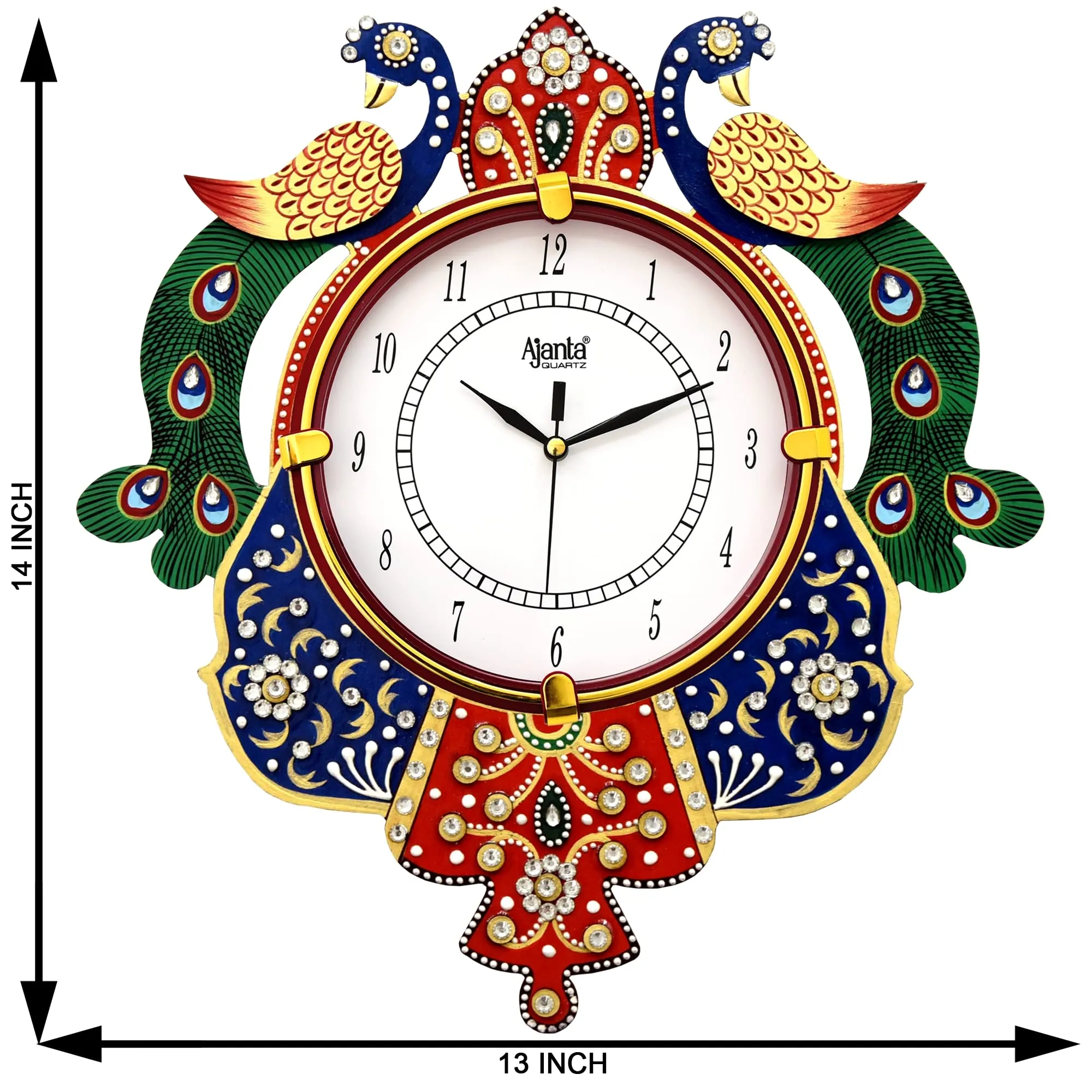 CIRCADIAN Ajanta Wooden Analog Wall Clock Design for Home Hall Living Room Decor Office Kids Bedroom Stylish Ethnic Antique Decorative Multi Colour Peacock 36 x 33 cm Pack of 1