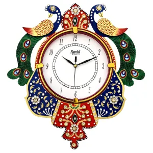 CIRCADIAN Ajanta Wooden Analog Wall Clock Design for Home Hall Living Room Decor Office Kids Bedroom Stylish Ethnic Antique Decorative Multi Colour Peacock 36 x 33 cm Pack of 1