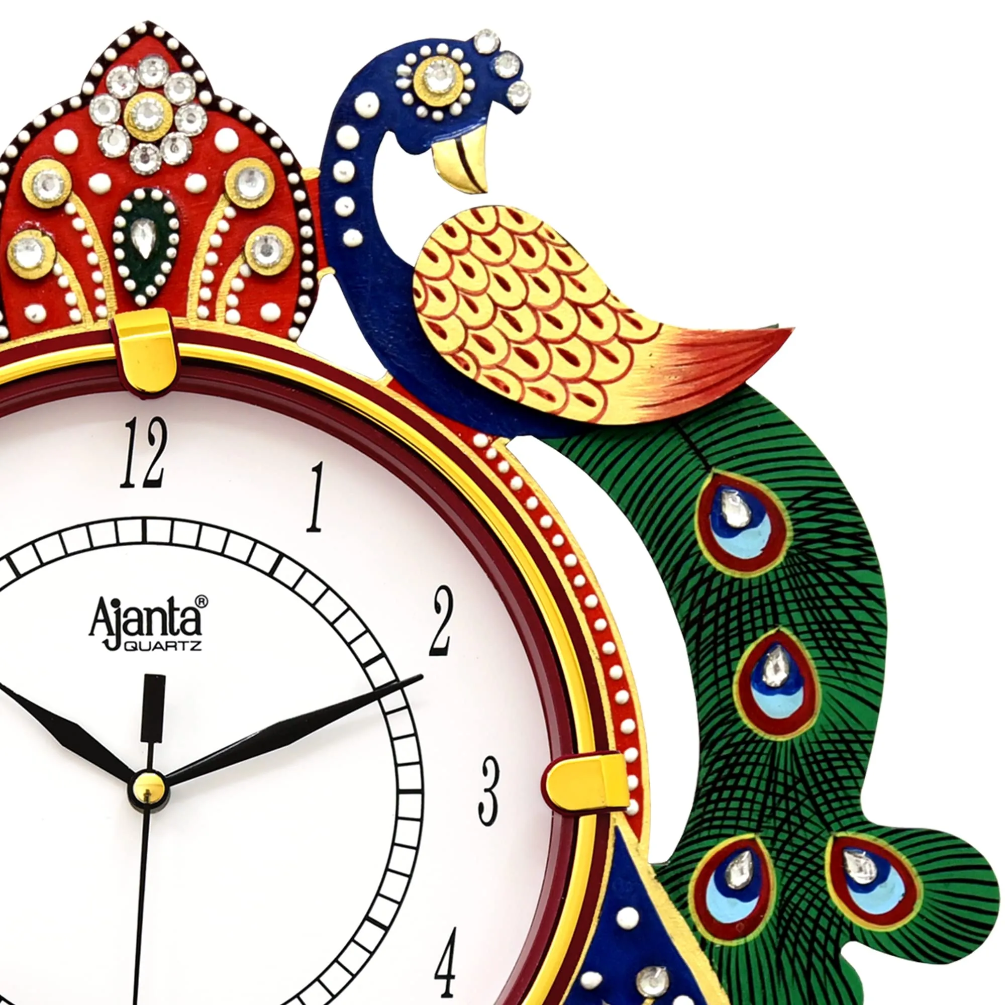 CIRCADIAN Ajanta Wooden Analog Wall Clock Design for Home Hall Living Room Decor Office Kids Bedroom Stylish Ethnic Antique Decorative Multi Colour Peacock 36 x 33 cm Pack of 1