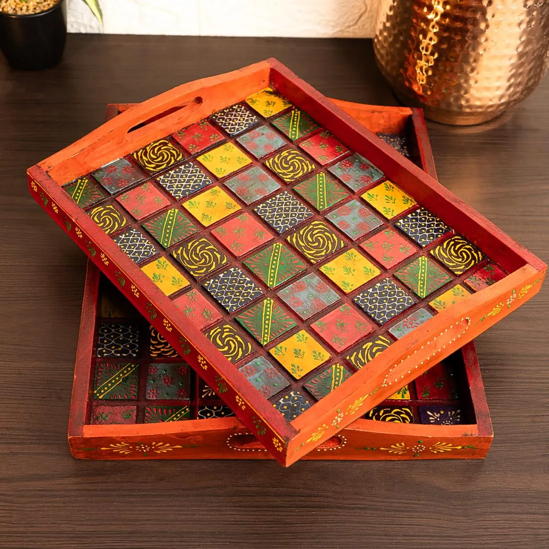 Ekhasa Wooden Tray for Serving | Hand Crafted Wooden Organiser for Kitchen and Dining Table | Tea Tray Set Serveware | Wooden Tray for Decoration (Handpainted, Mango Wood, Set of 2)