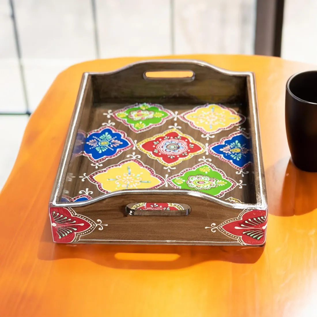 Ekhasa Wooden Tray for Serving | Wooden Organiser for Kitchen and Dining Table | Tea Tray Set Serveware | Wooden Tray for Decoration (Handpainted, Mango Wood, Set of 2)