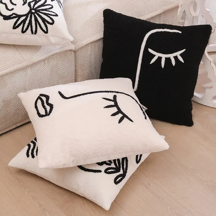 Embroidery Abstract Face Cushion | Black