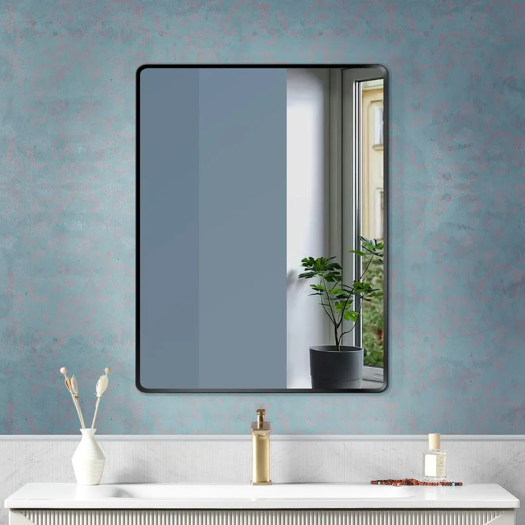 FUAO SANITARYWARE Rectangular Shape Mirror with Aluminium Frame for Bathroom | Wall Mirror for Bathroom Wall | Mirror for Bathroom (Black, 600X800mm)