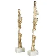 Gold Aluminum Metal Abstract Tall Textured Figurine Sculpture with Marble Bases Set Of 2