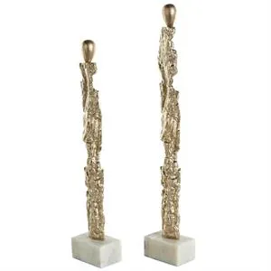 Gold Aluminum Metal Abstract Tall Textured Figurine Sculpture with Marble Bases Set Of 2