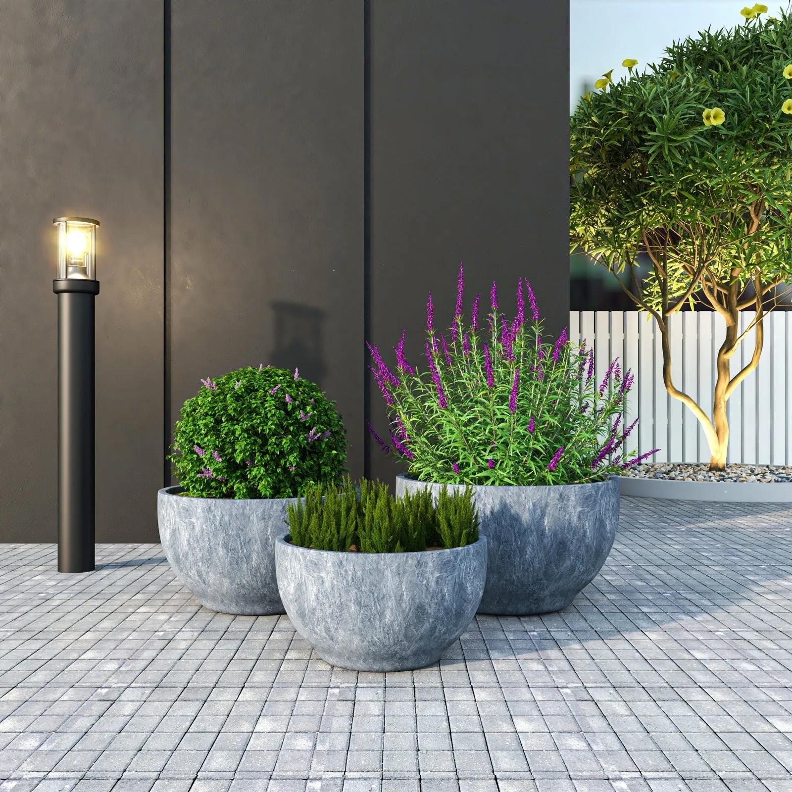 Grove Modern 3-Piece Round Planter Set in Fiberstone Weather Resistant Design