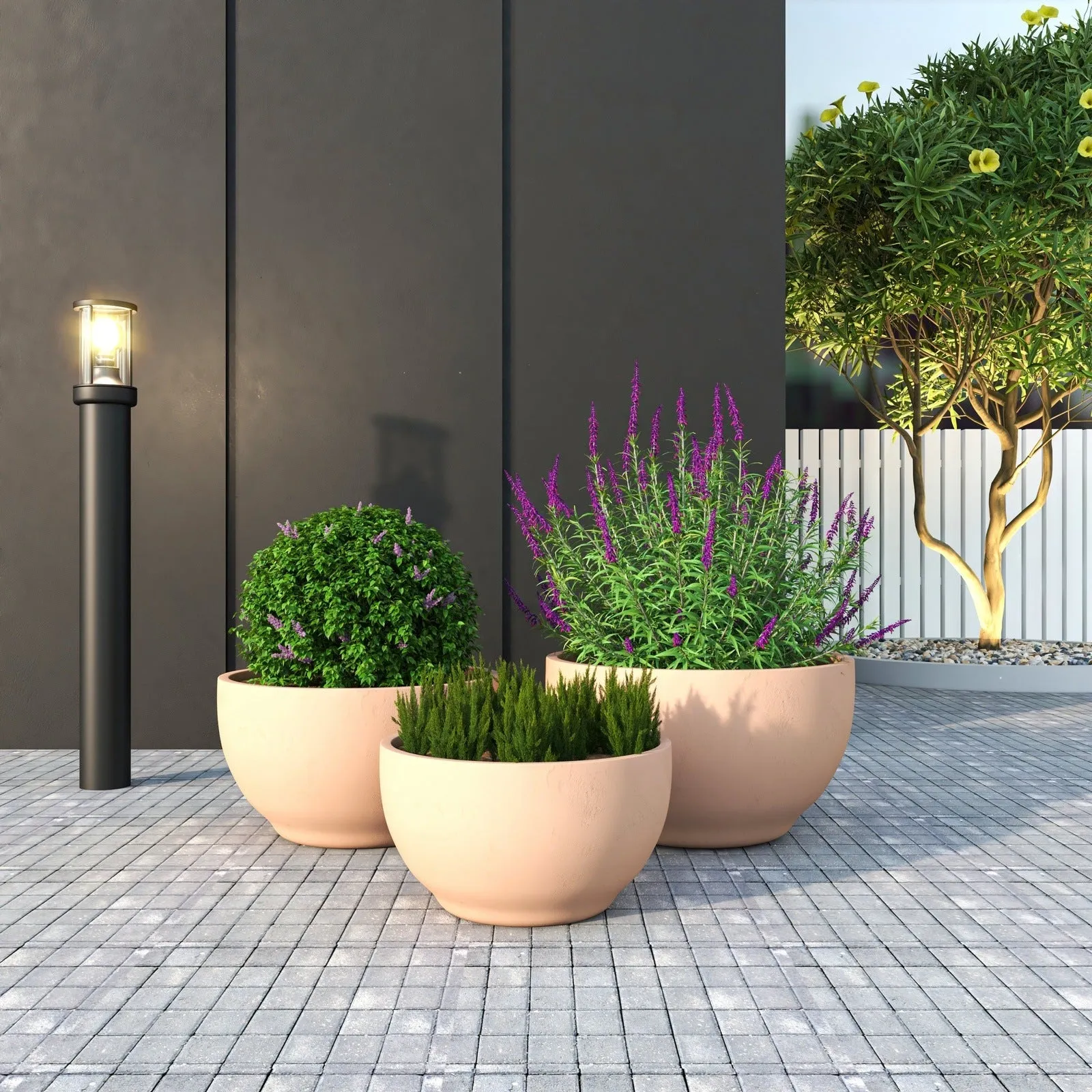 Grove Modern 3-Piece Round Planter Set in Fiberstone Weather Resistant Design