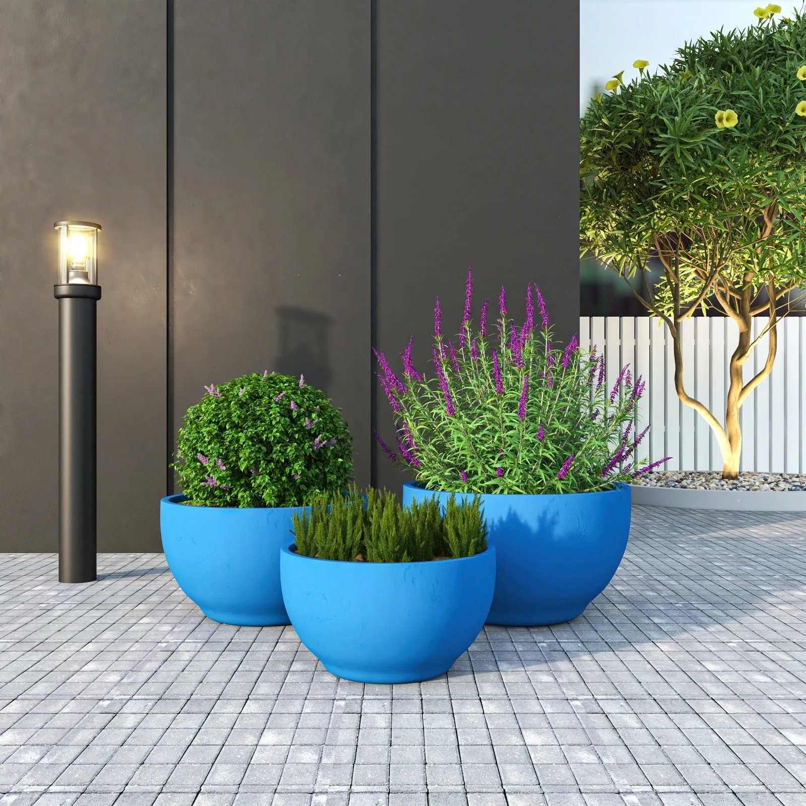 Grove Modern 3-Piece Round Planter Set in Fiberstone Weather Resistant Design