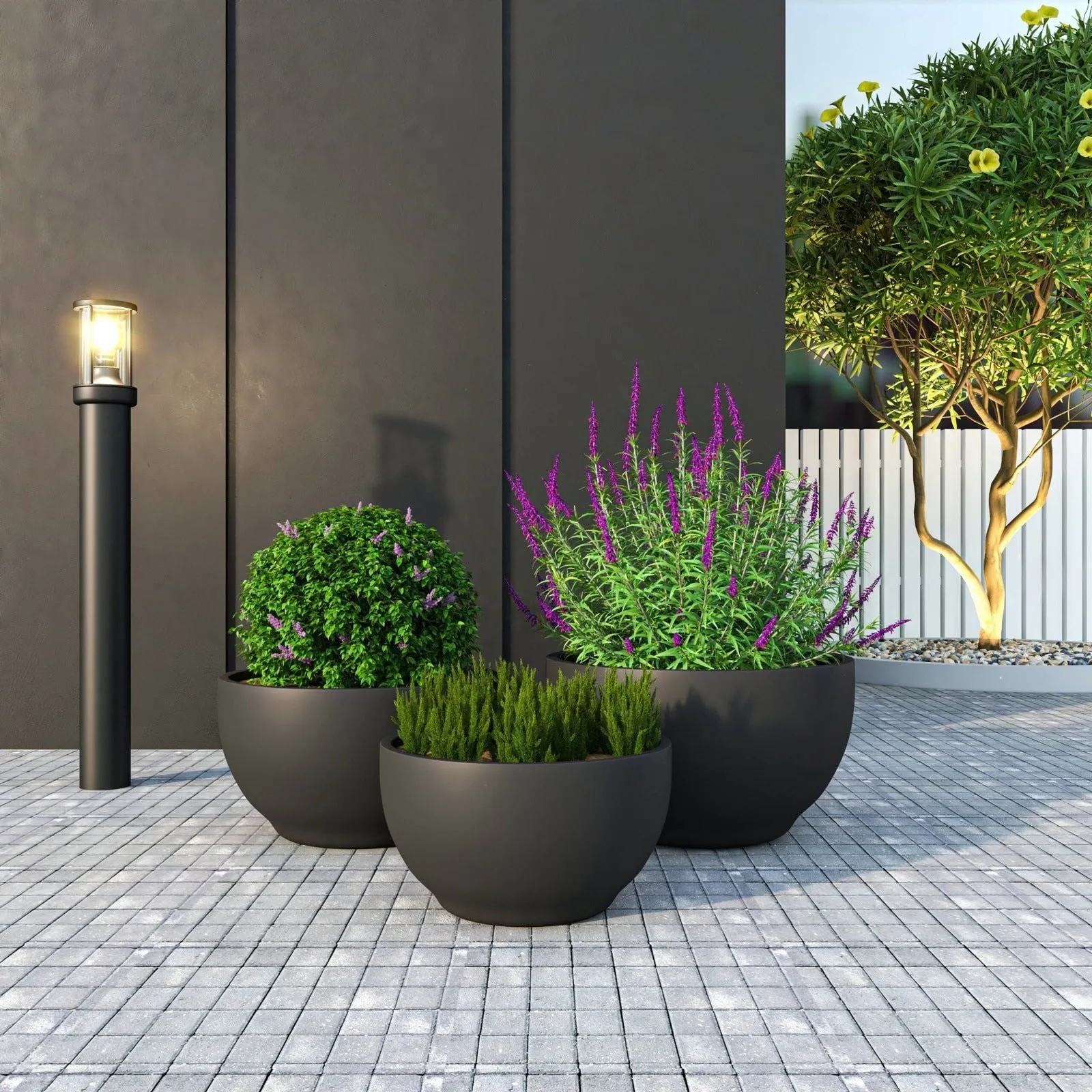 Grove Modern 3-Piece Round Planter Set in Fiberstone Weather Resistant Design