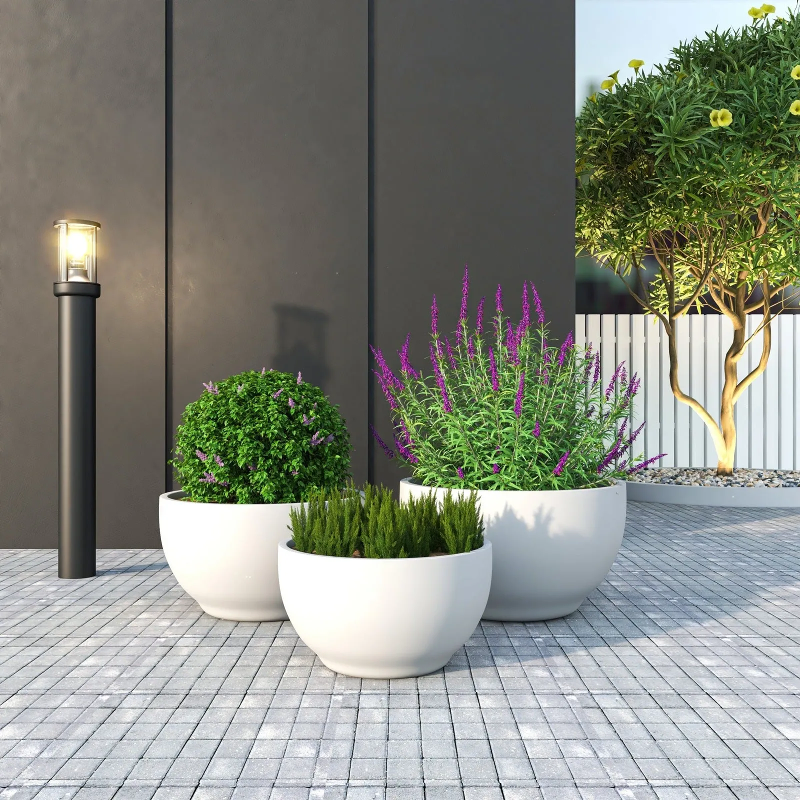 Grove Modern 3-Piece Round Planter Set in Fiberstone Weather Resistant Design