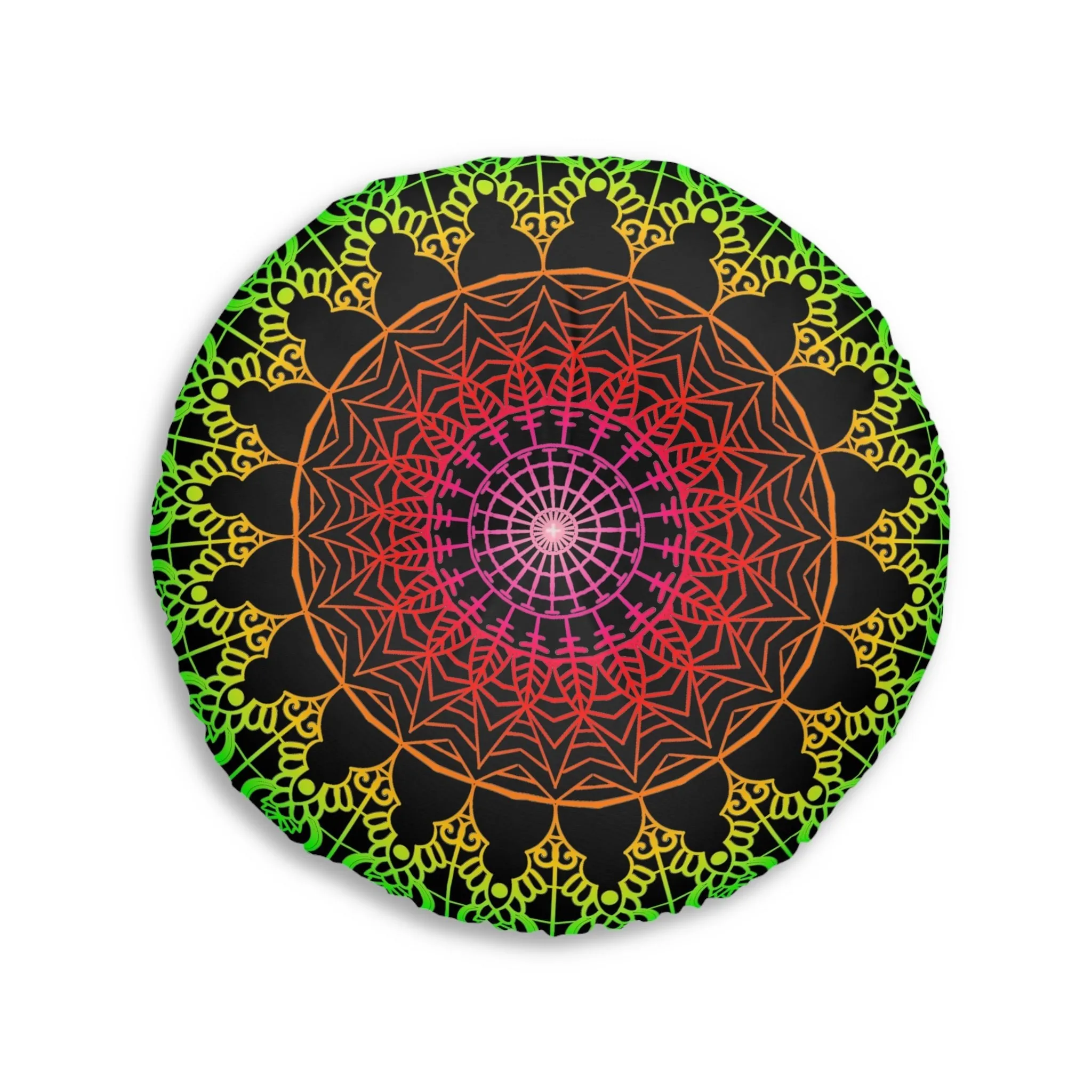 Hand Drawn Mandala Art Design Floor Cushion - Flower colors on Black Background