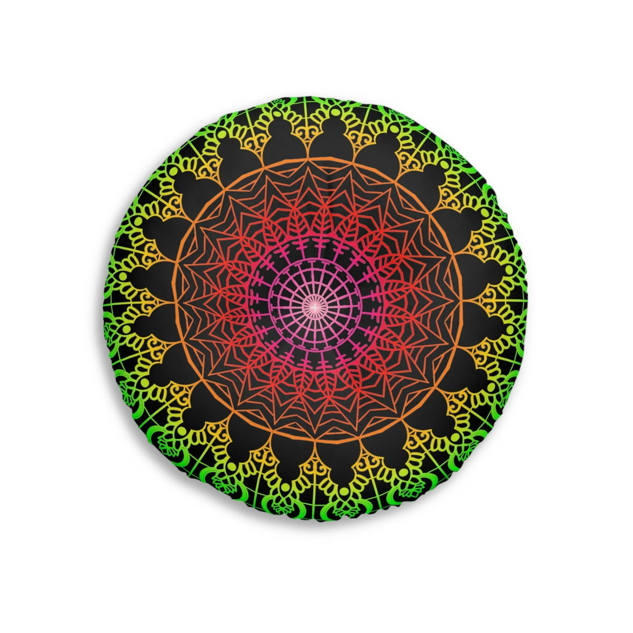 Hand Drawn Mandala Art Design Floor Cushion - Flower colors on Black Background