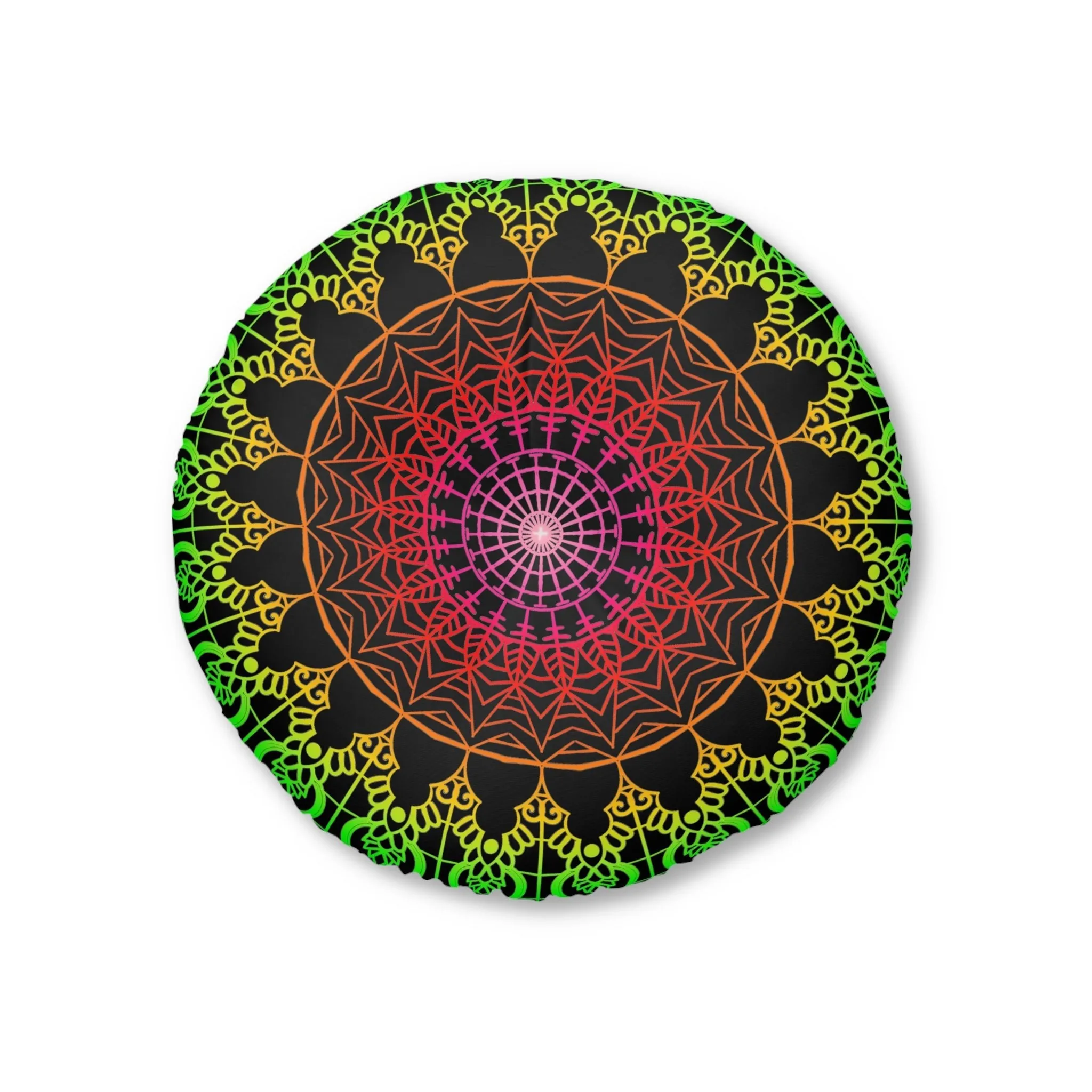 Hand Drawn Mandala Art Design Floor Cushion - Flower colors on Black Background