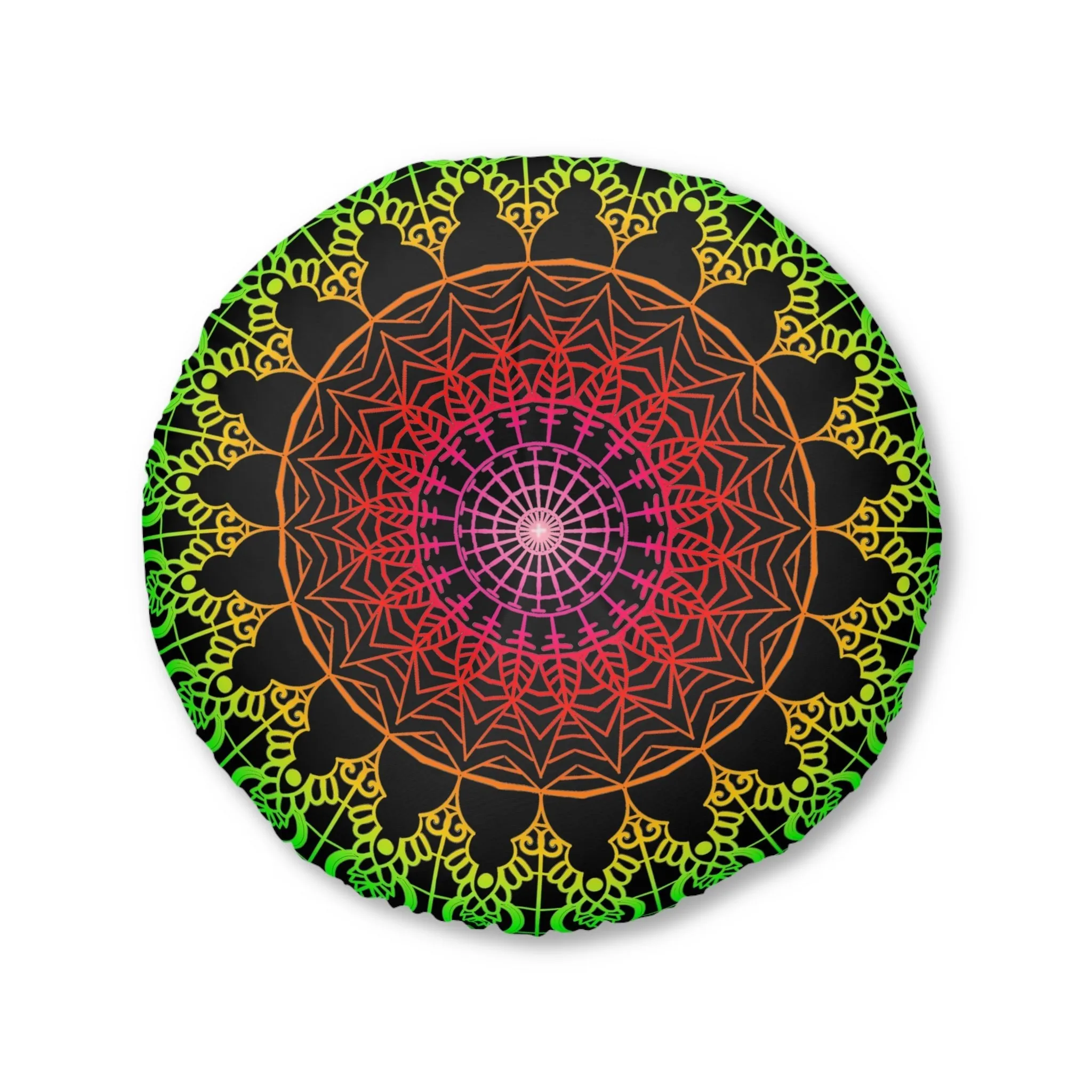 Hand Drawn Mandala Art Design Floor Cushion - Flower colors on Black Background