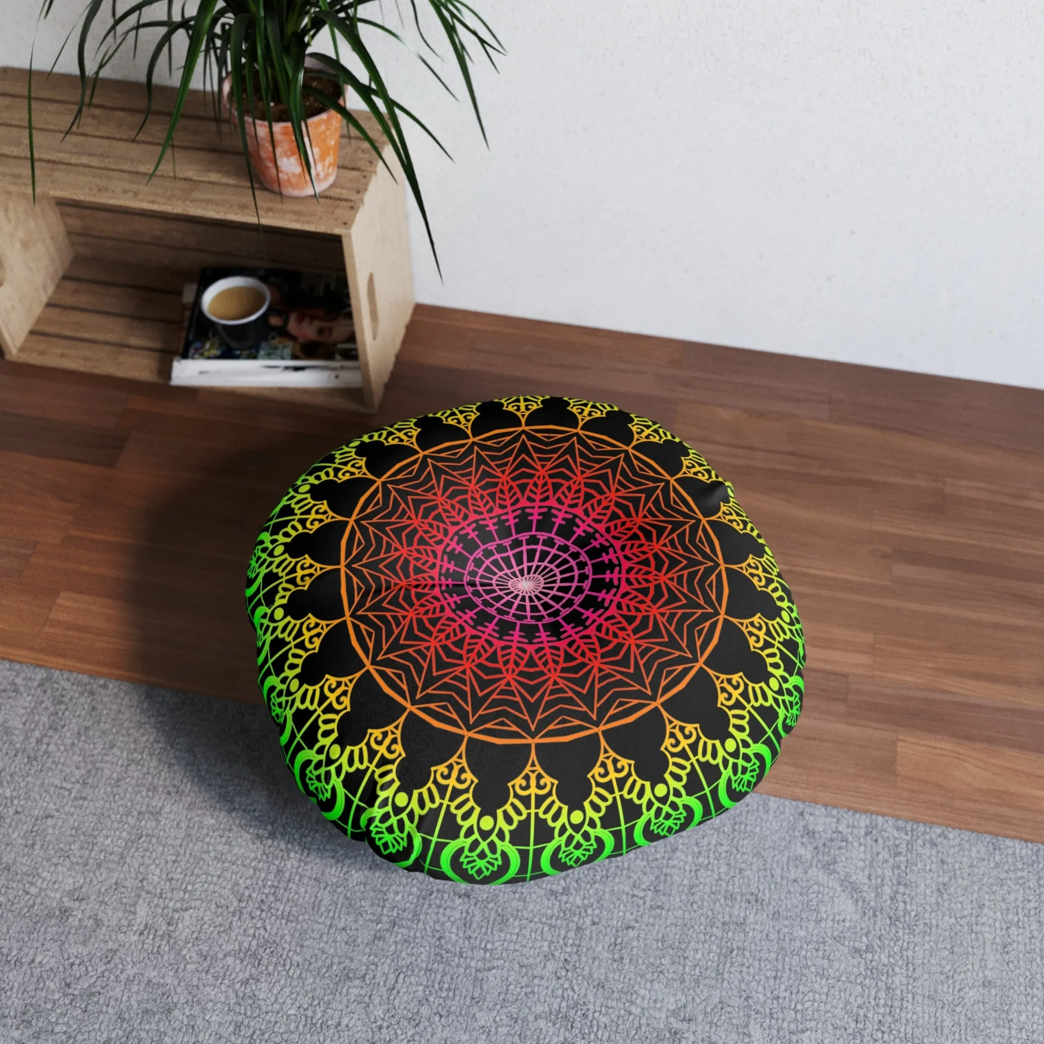 Hand Drawn Mandala Art Design Floor Cushion - Flower colors on Black Background