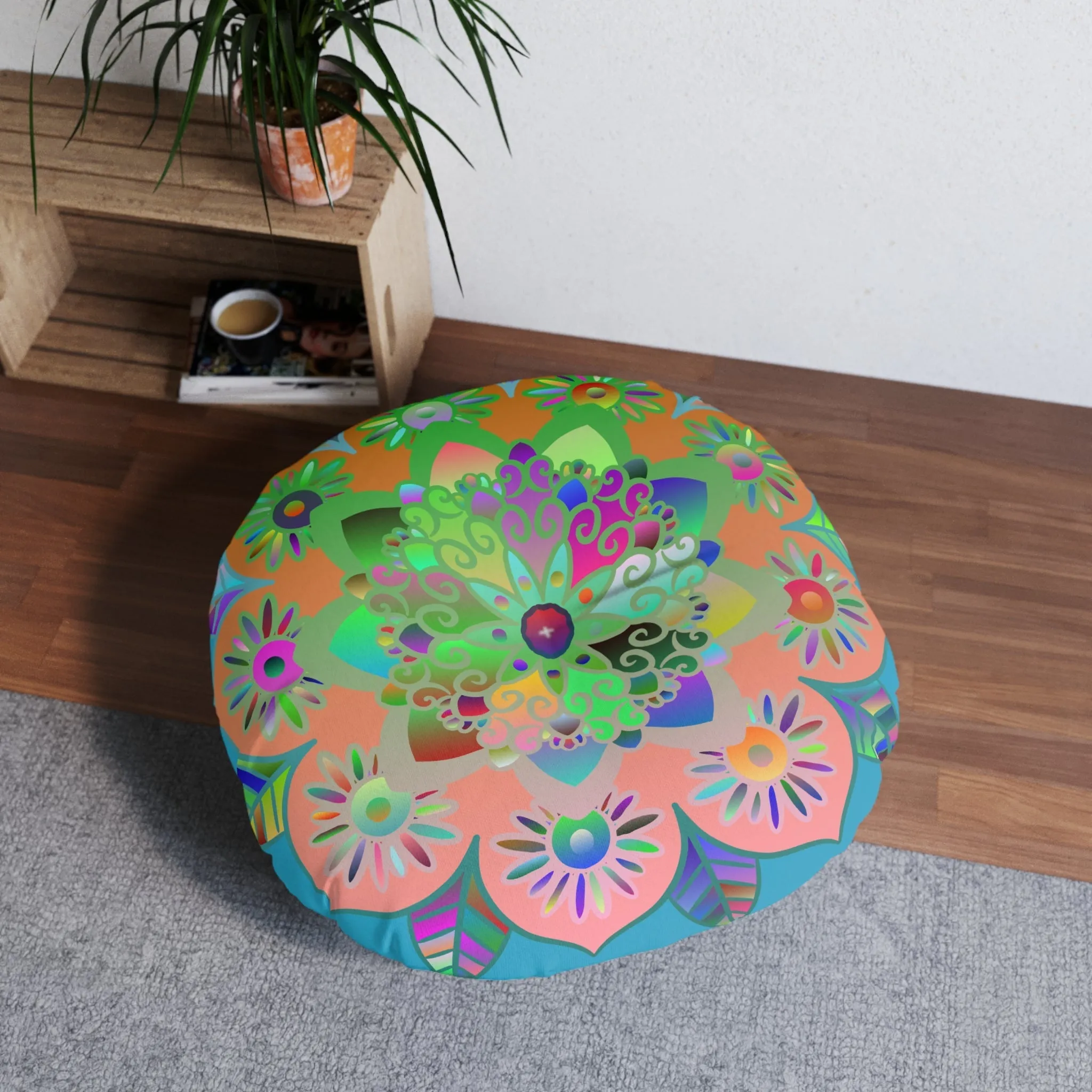 Hand Drawn Mandala Art Design Tufted Round Floor Cushion