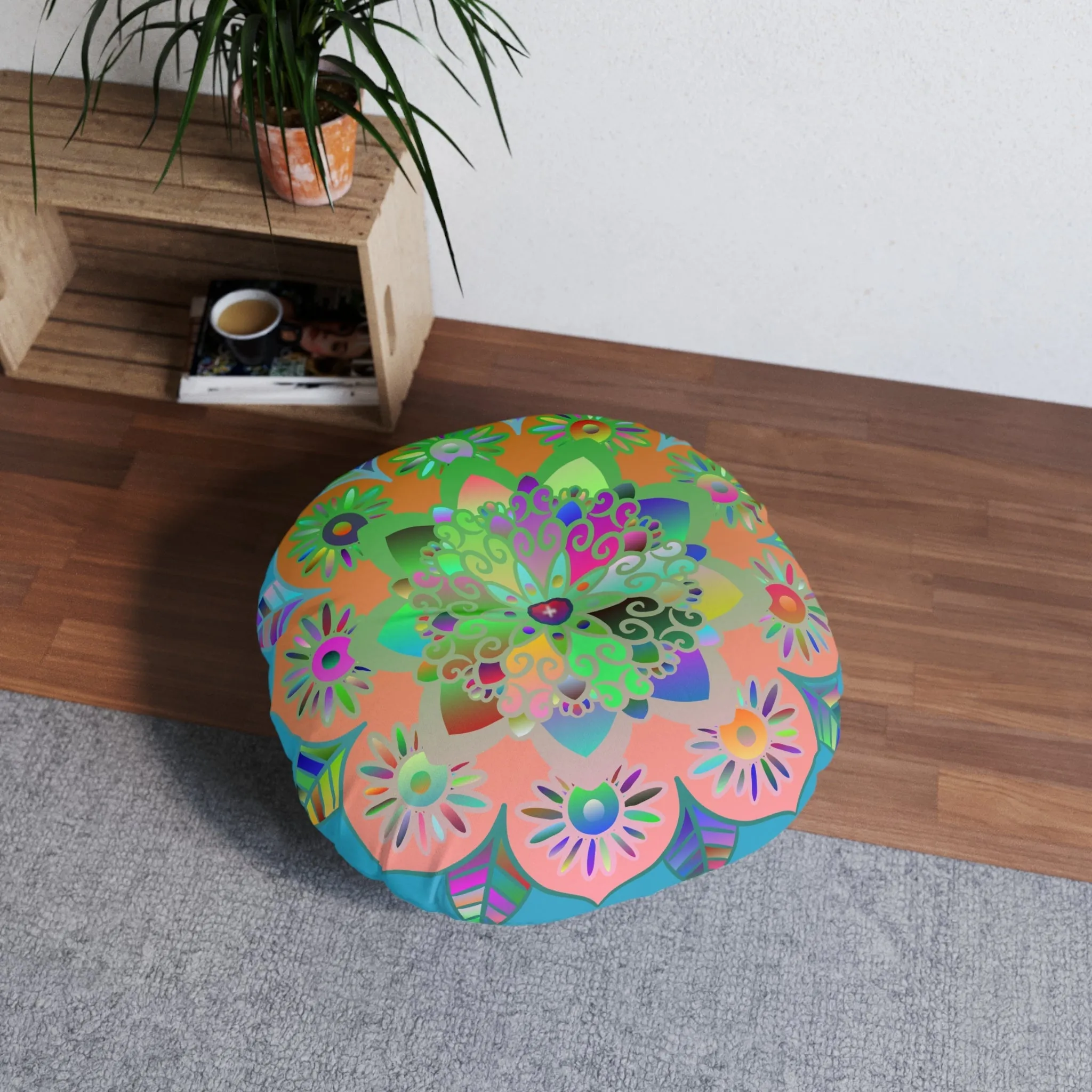 Hand Drawn Mandala Art Design Tufted Round Floor Cushion