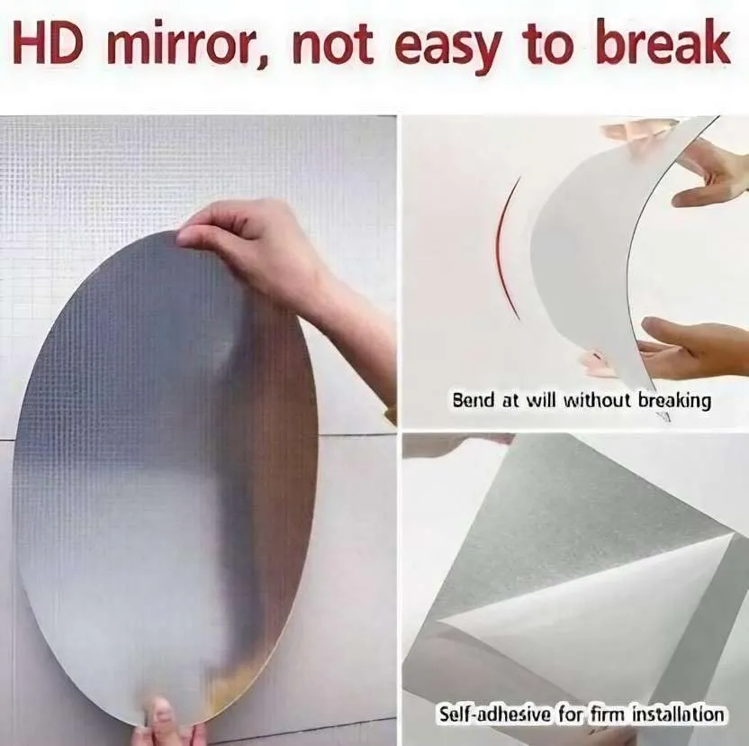 IRQA Oval Shape Adhesive Mirror Sticker for Wall on Tiles Bathroom Bedroom Living Room Basin Mirror Bathroom Wall Mirror Stickers Unbreakable Plastic Vanity Mirror, Makeup Mirror (Style_82