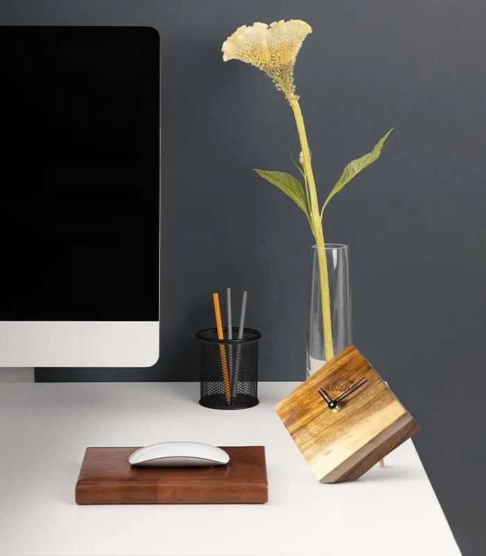 Kasb Stylish Walnut Wood Table Clock - Square Wooden Desk Clock with Sturdy Stand for Stability