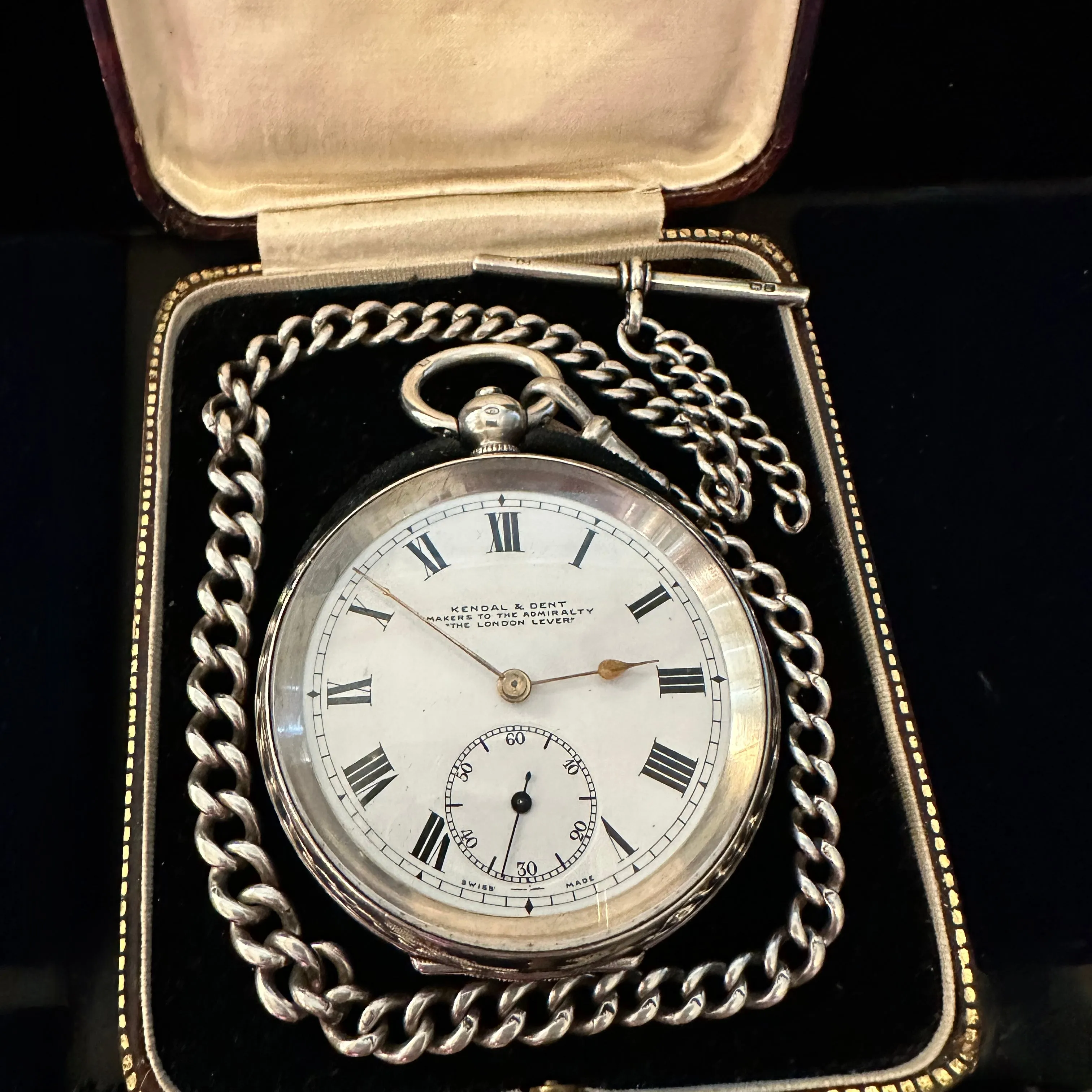 KENDAL & DENT SILVER ENGLISH POCKET WATCH WITH CHAIN