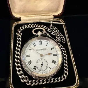 KENDAL & DENT SILVER ENGLISH POCKET WATCH WITH CHAIN