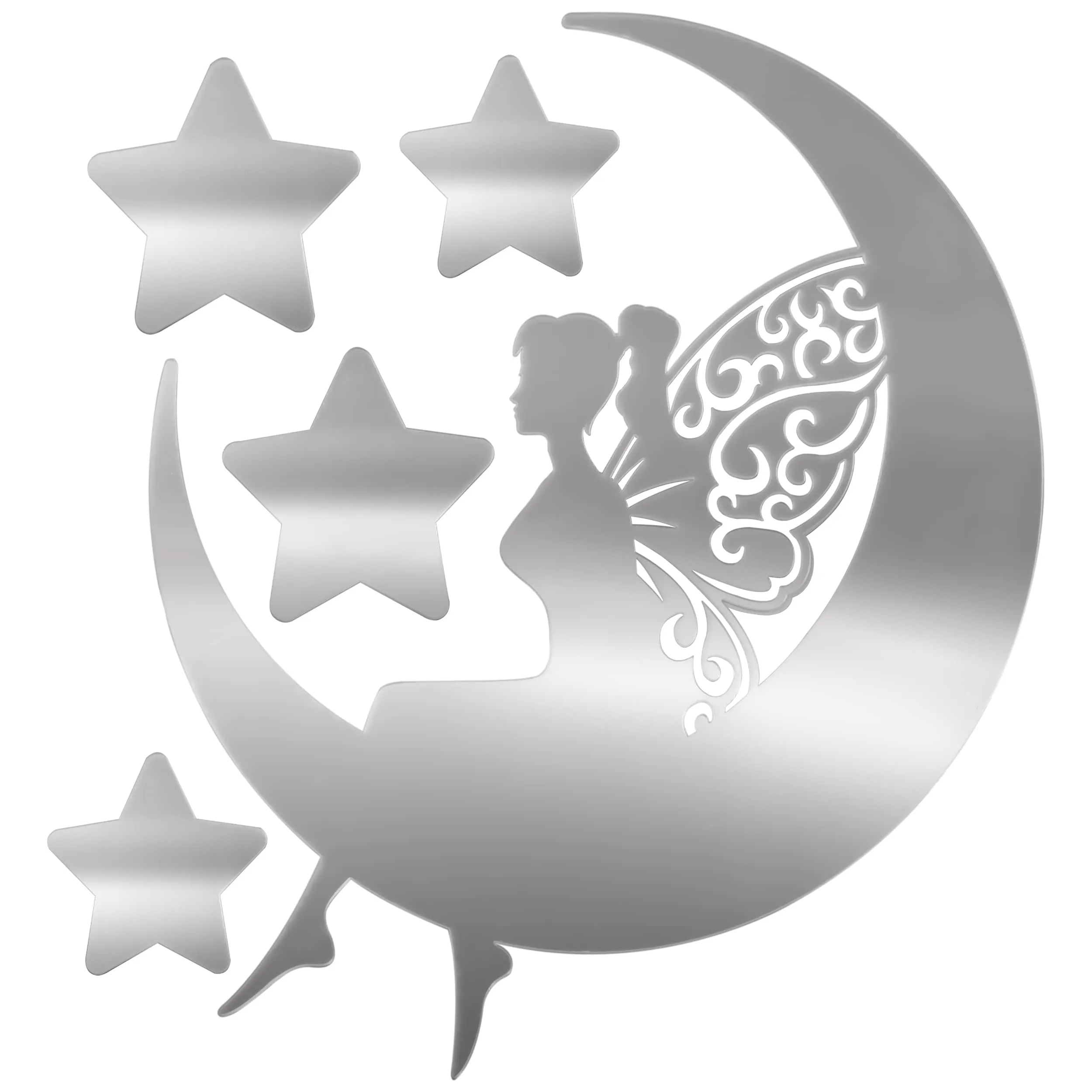 MAPPERZ Princess Moon and Star Mirror Wall Stickers, Removable Acrylic Mirror, Silver Self Adhesive Mural Stickers Decal for Home, Room, Living Room, Bedroom, Dining Room Decoration, Pack of 5 Mirrors