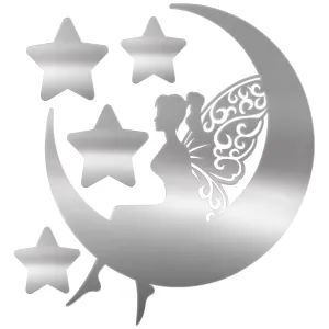 MAPPERZ Princess Moon and Star Mirror Wall Stickers, Removable Acrylic Mirror, Silver Self Adhesive Mural Stickers Decal for Home, Room, Living Room, Bedroom, Dining Room Decoration, Pack of 5 Mirrors